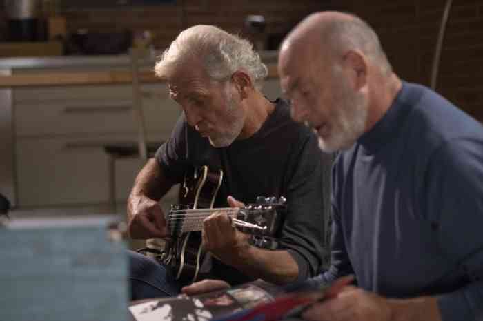 Dos amigos mayores tocan la guitarra sentados en un sofá